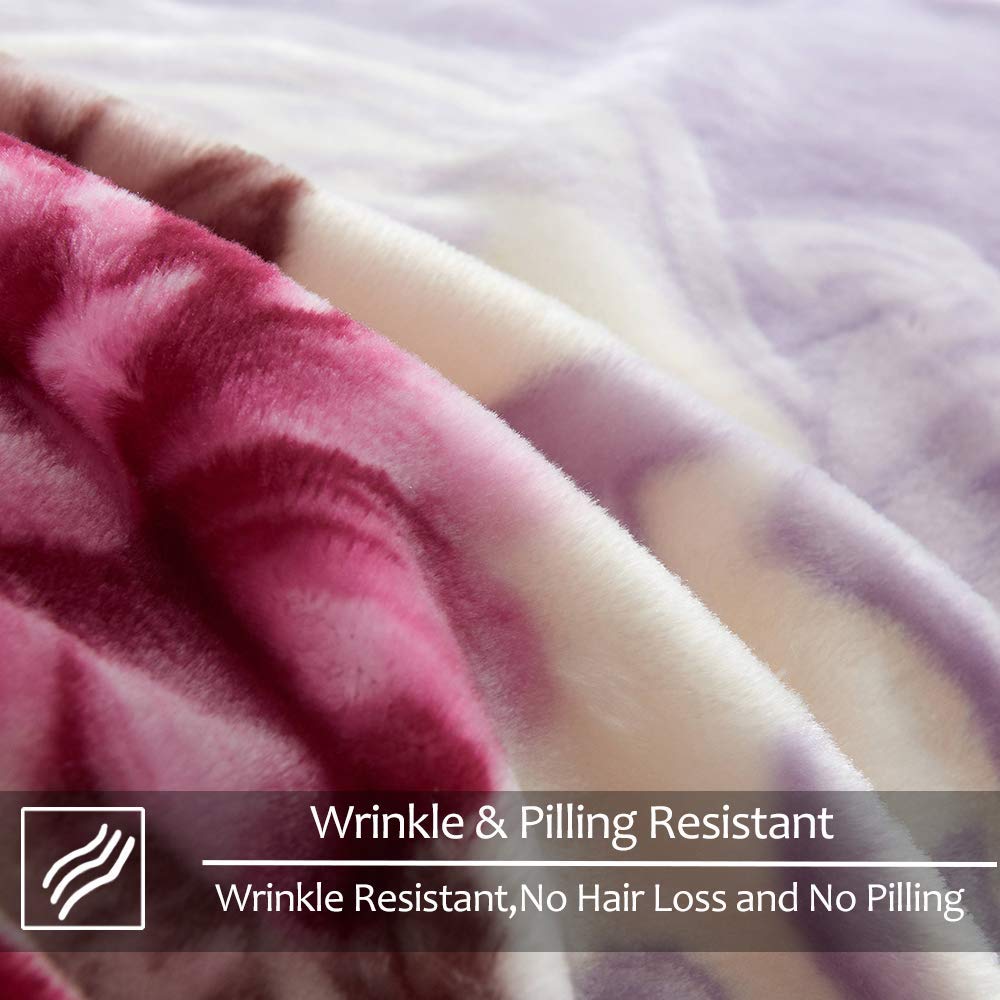 JYK Korean Faux Mink Fleece Blanket 83" X 91", 5.7 LB - 2 Ply Reversible Soft Warm Plush Flannel Blanket, A&B Pattern Printed Embossed Microfiber Blanket, (Light Purple Peony/Peony, King)