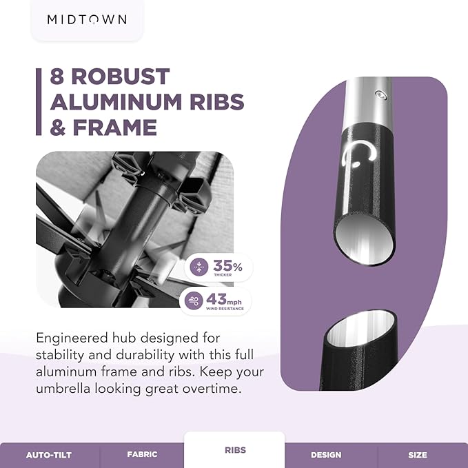 Midtown Umbrellas 10-Year-No-Fade - 9 Ft - UV Proof Sand Tan Polyester Fabric - Umbrella Outdoor Patio, Auto-Tilt Aluminum Frame Patio Umbrella for Garden, Pool & Deck - Black Pole