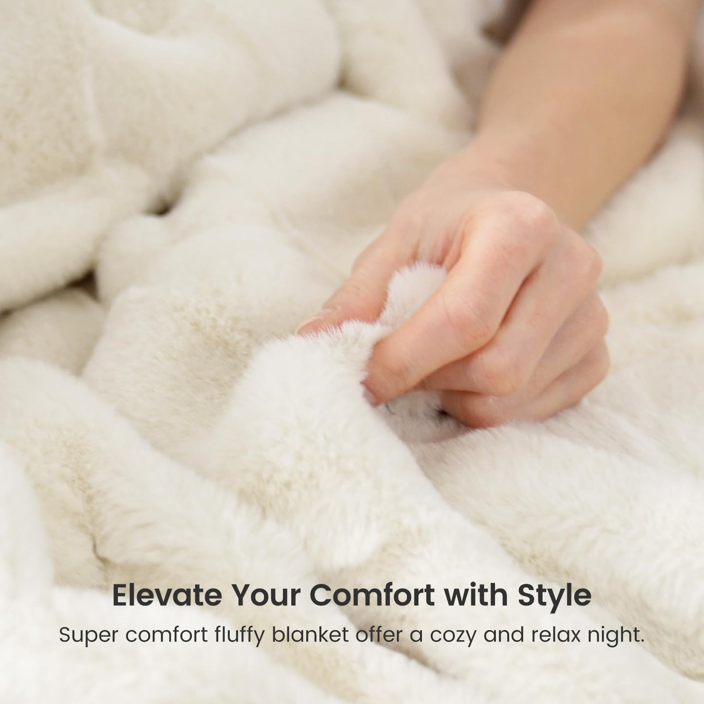 Cozy Bliss Fluffy Faux Fur Blanket Queen Size for Bed, Fuzzy Soft Striped Plush Blanket, Thick Throw for Bedroom Couch Gift, 90x90 Inches Cream White