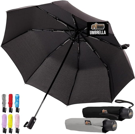 GORILLA GRIP Strong Windproof Stick Compact Umbrella for Rain, 2 PK, One-Click Automatic Open Close, Durable Quick Dry Waterproof Material, Lightweight, Portable, Travel Size Fits Backpack, Black Gray
