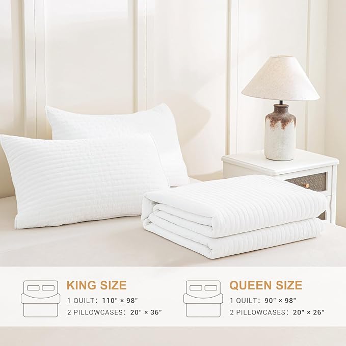 Sanracie Cotton Queen Quilt Bedding Set(90"x98") ，Ultra Soft Stonewashed Milk White Bedspread Coverlet Cross Stitch Pattern Lightweight Crinkle Quilted Bedspread Set 3Pcs for All Season