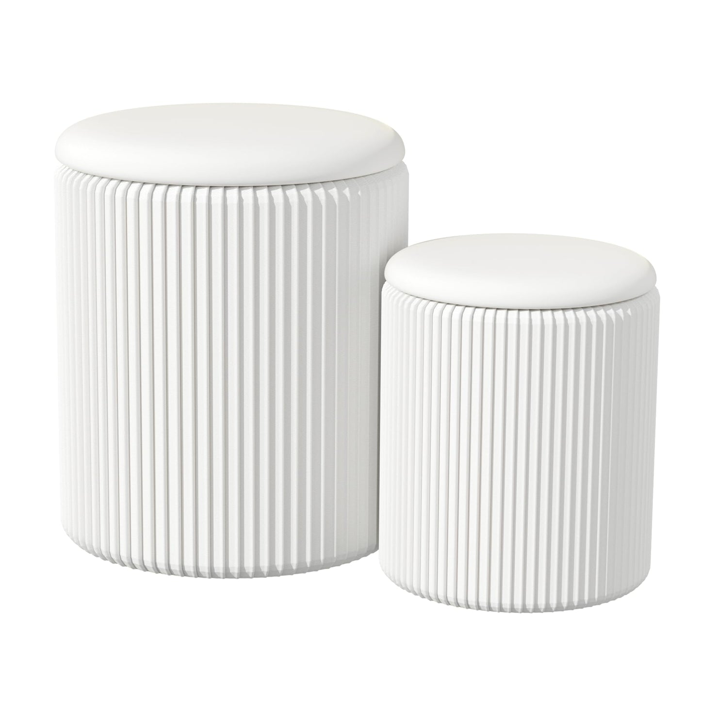 Trygoal Round Ottoman with Storage Set of 2, Breathable Cotton & 300LBS Engineered Wood Frame, Nesting Side Table with Blanket Storage, No Assembly Cozy Vanity Stools for Living Room, White