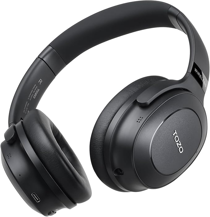 TOZO Hybrid Active Noise Cancelling Headphones, Wireless Over Ear Bluetooth Headset, 40H Playtime, Hi-Res Audio Custom EQ via App Deep Bass Comfort Fit Ear Cups, for Home Office Travel Black