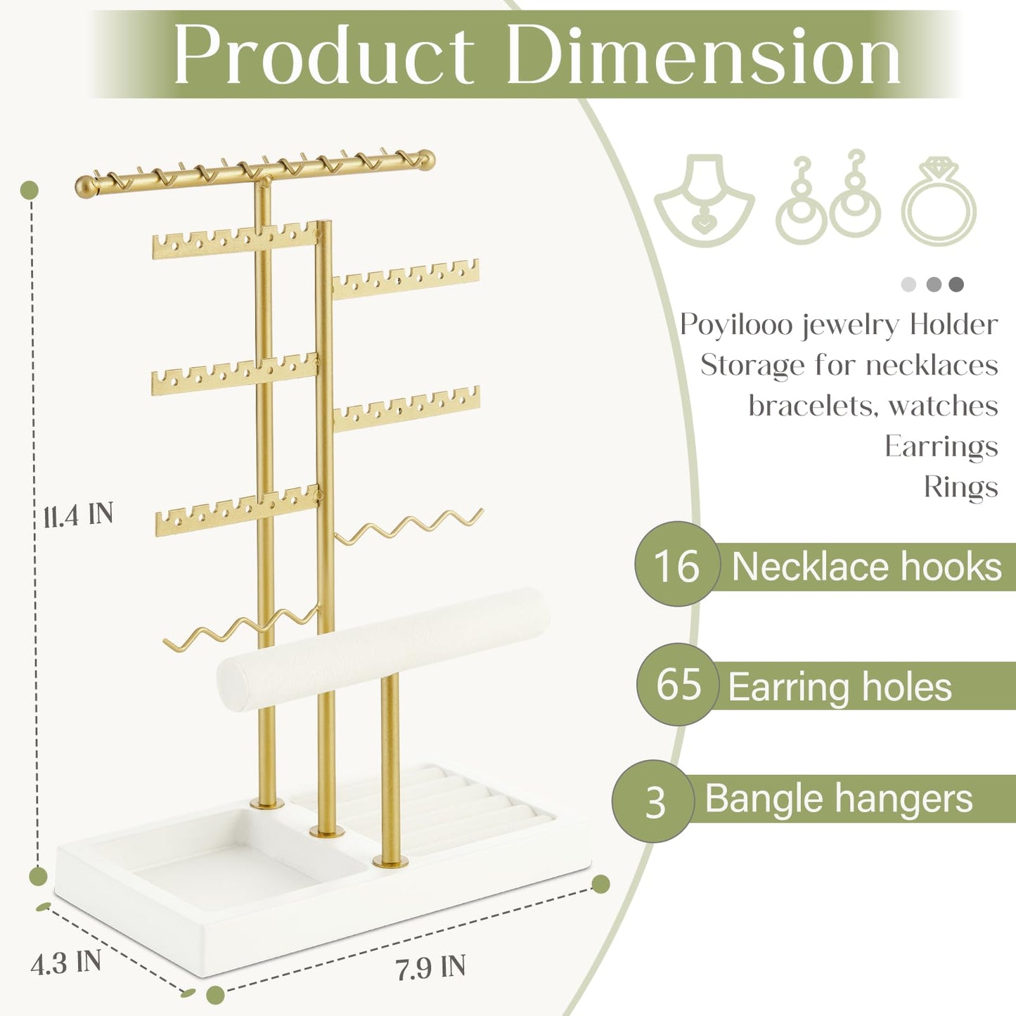 Poyilooo Earring Holder Jewelry Stand, 3 Tier Jewelry Organizer with Ring Holder Tray for Necklace Earring Keychains Bracelet Rings Display Jewelry Tree Stand (Whitegold)