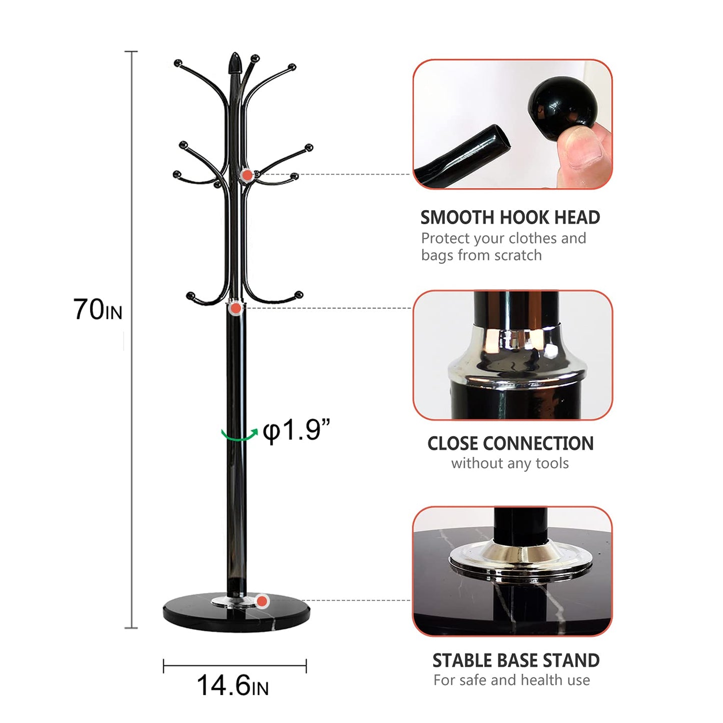 Kertnic Freestanding Coat Rack Stand, Heavy Duty Metal Hall Tree with 12 Hooks, 70 Inch Tall Stable Coat Hanger with 14.6" Natural Marble Base, Entryway Organizer for Coats Bags Hats Purses (Black)