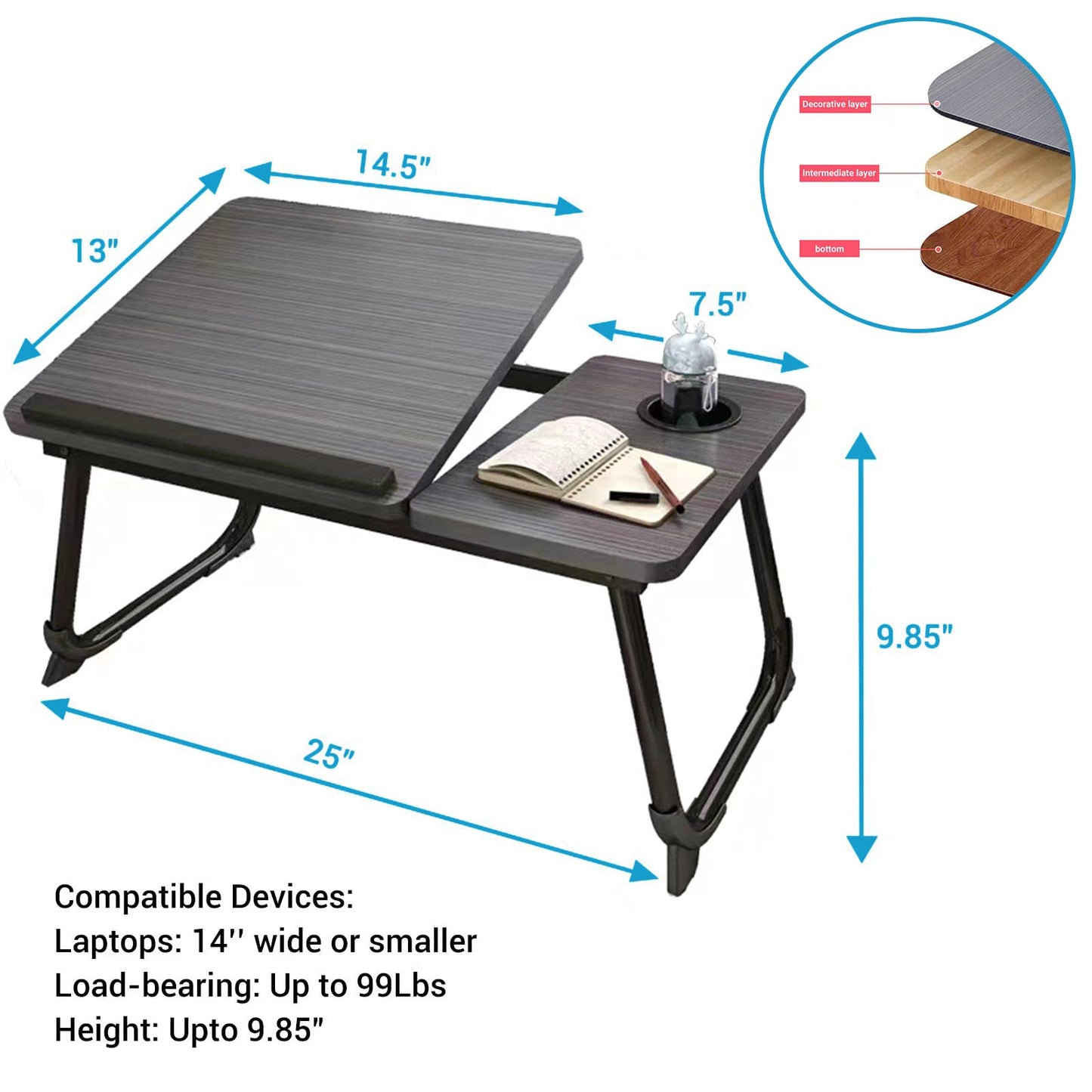 CloudTrip Laptop Desk for Bed or Couch, Lap Desk, Woking in Bed Desk, Home Office Desks, Breakfast Tray, Desk with Cup Holder, Watching Movies in Bed, Laptop Stand for Bed, Fordable Legs Desk (Black)