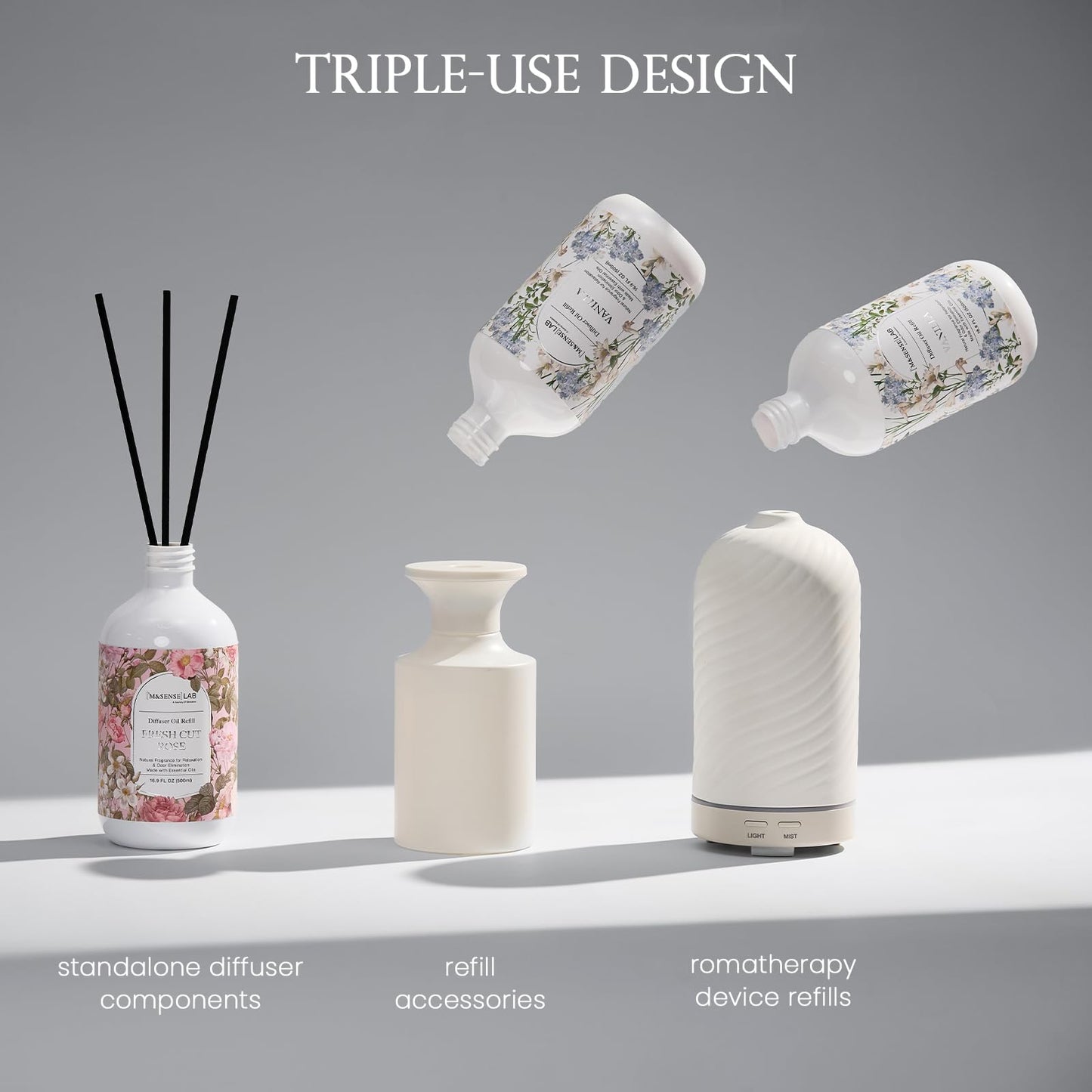 M&SENSE Reed Diffuser Oil Refill, 16.9oz (500ml) with 10 Hollow Reed Sticks, Vanilla Scent Home Fragrance, Scented Oil Refills, Natural Essential Oils for Diffusers, Décor for Home Spa & Office