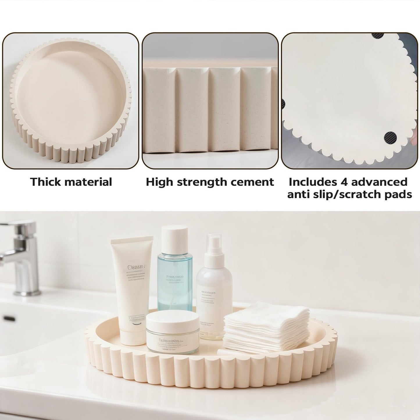 Coffee Table Tray, Large 13"×9.5" Oval Fluted Concrete Tray, Cream Decorative Serving Tray, Home Décor Accent for Ottoman, Kitchen Island & Dining Table Centerpiece