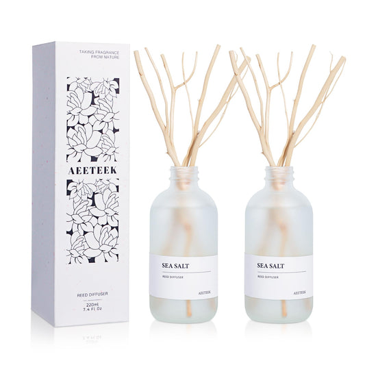 Aeeteek Sea Salt Reed Diffuser Set of 2-14.8 oz(220mlx2) Sea Salt Musk and Grass Essential Oils, Bathroom Air Freshener with Willow Branches Decor, Long Lasting Fragrance for Home, Office