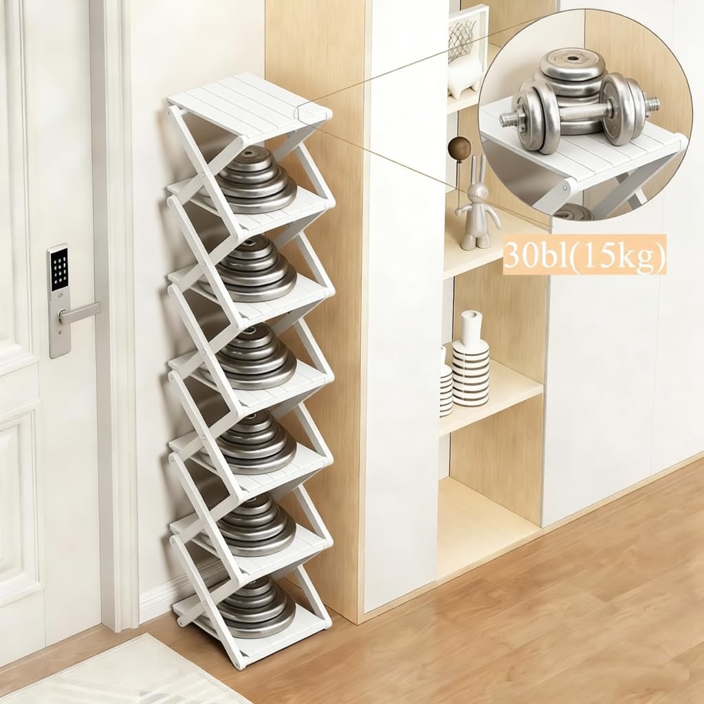 Bamboo Shoe Rack - No Assembly Required, Tall Narrow Foldable Shoe Organizer, Space-Saving Multifunctional Shelf for Entryways, Corners, Bedrooms, Balconies, 6 Layer White (Reinforced And Thickened )