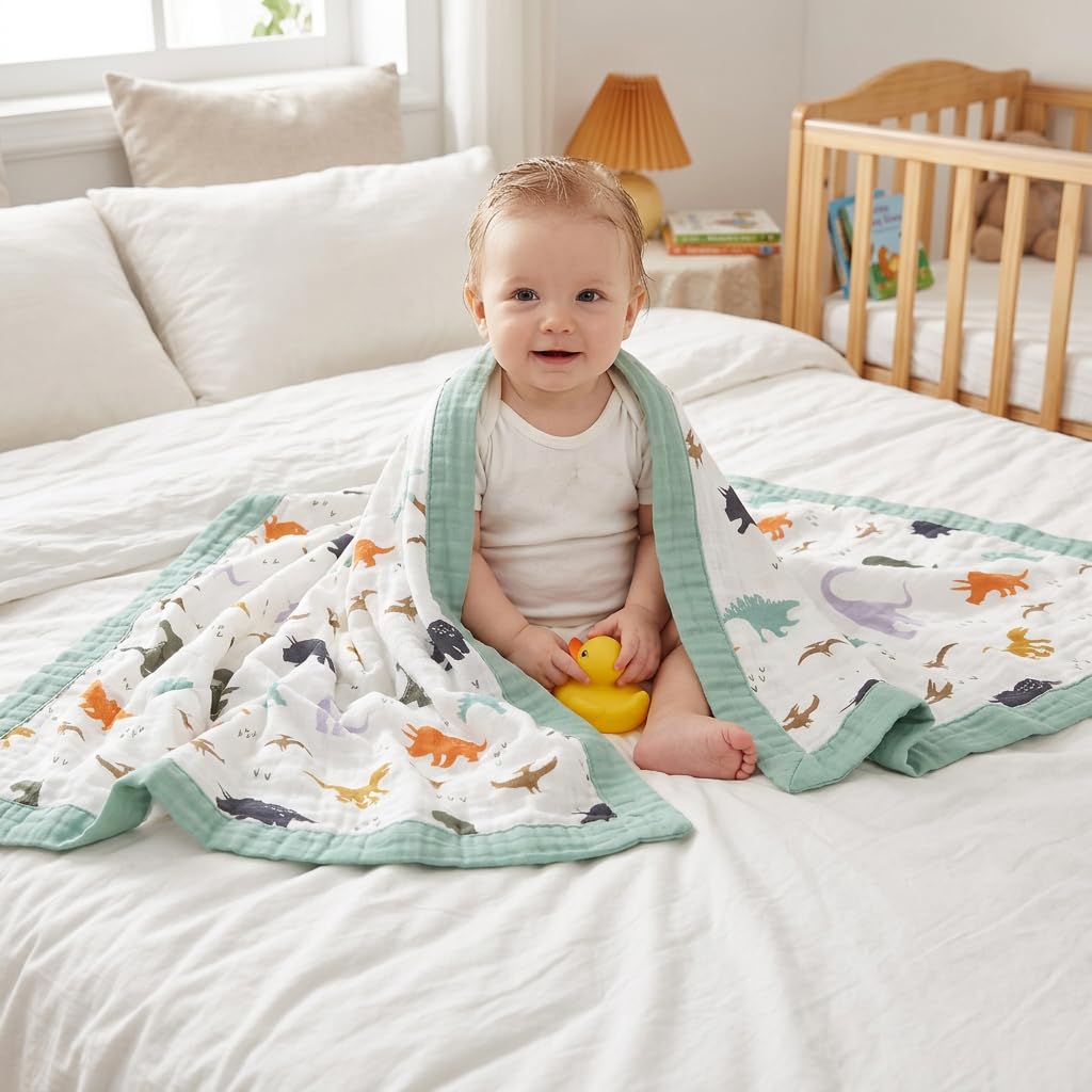 Little Jump Dinosaur Muslin Blanket Baby Quilt - Silky Soft and Breathable Crib Blanket for Daycare - Large 47" x 47" - 2 Layers Toddler Summer Blankets for Boys (Dinosaur)