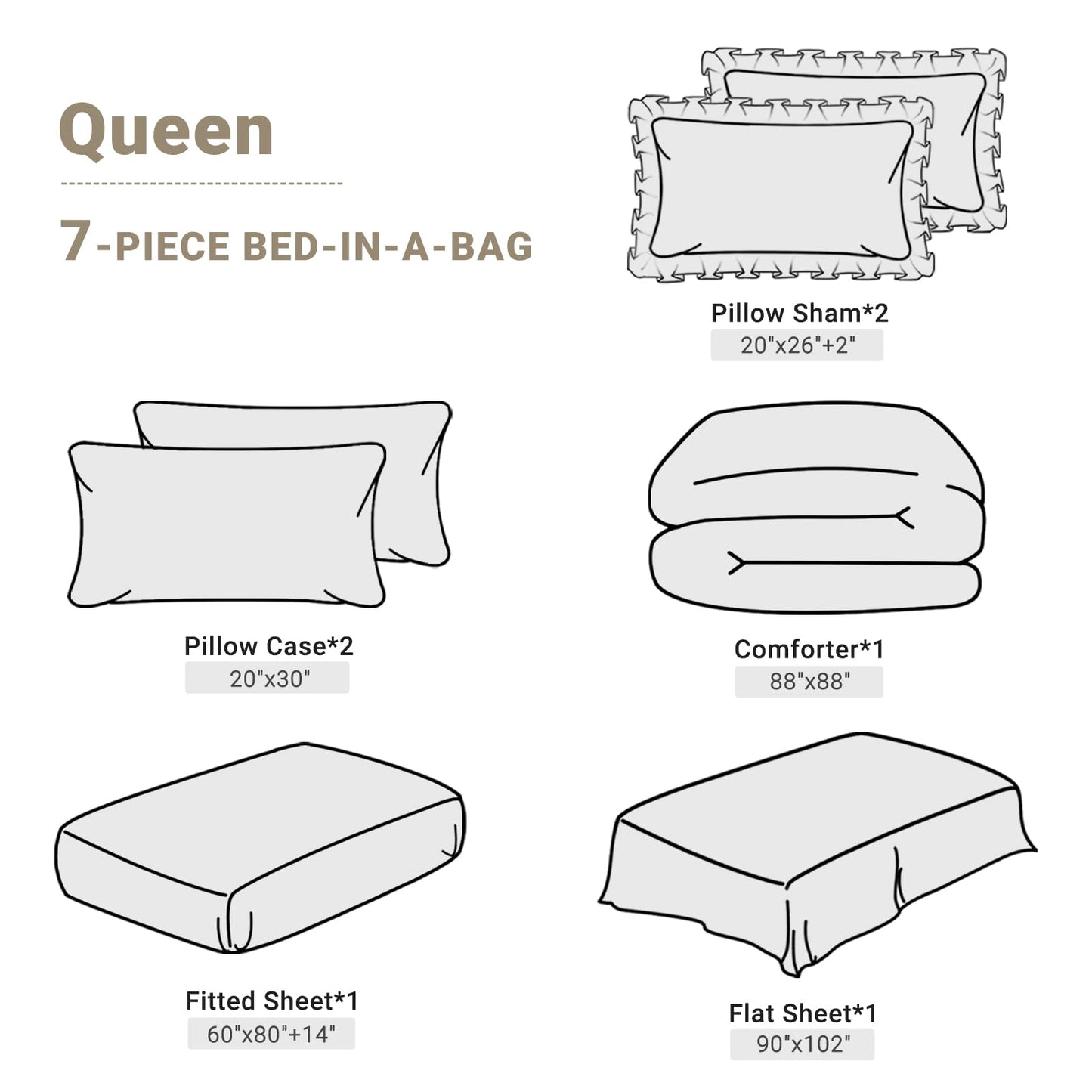 JOLLYVOGUE Queen Comforter Set 7 Pieces, Beige Bed in a Bag Comforter Set for Bedroom, Bedding Comforter Sets with Comforter, Sheets,Ruffled Shams & Pillowcases