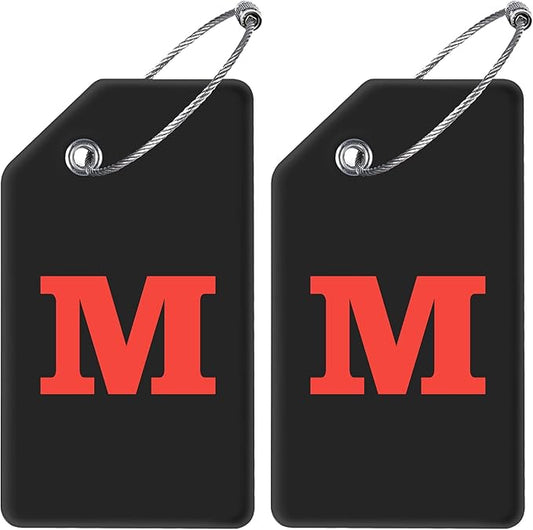 Gostwo 2 Pack Silicone Luggage Tags for Suitcases, 26 Initial Letter Baggage Labels Handbag School Bag Suitcase Instrument Tag with Stainless Steel Loop(Black)(Letter M)