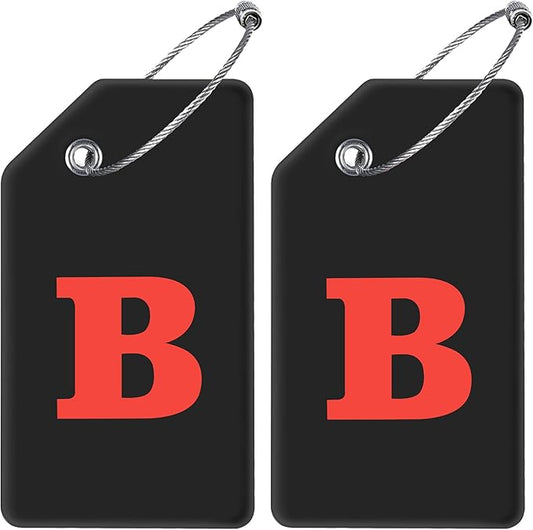 Gostwo 2 Pack Silicone Luggage Tags for Suitcases, 26 Initial Letter Baggage Labels Handbag School Bag Suitcase Instrument Tag with Stainless Steel Loop(Black)(Letter B)