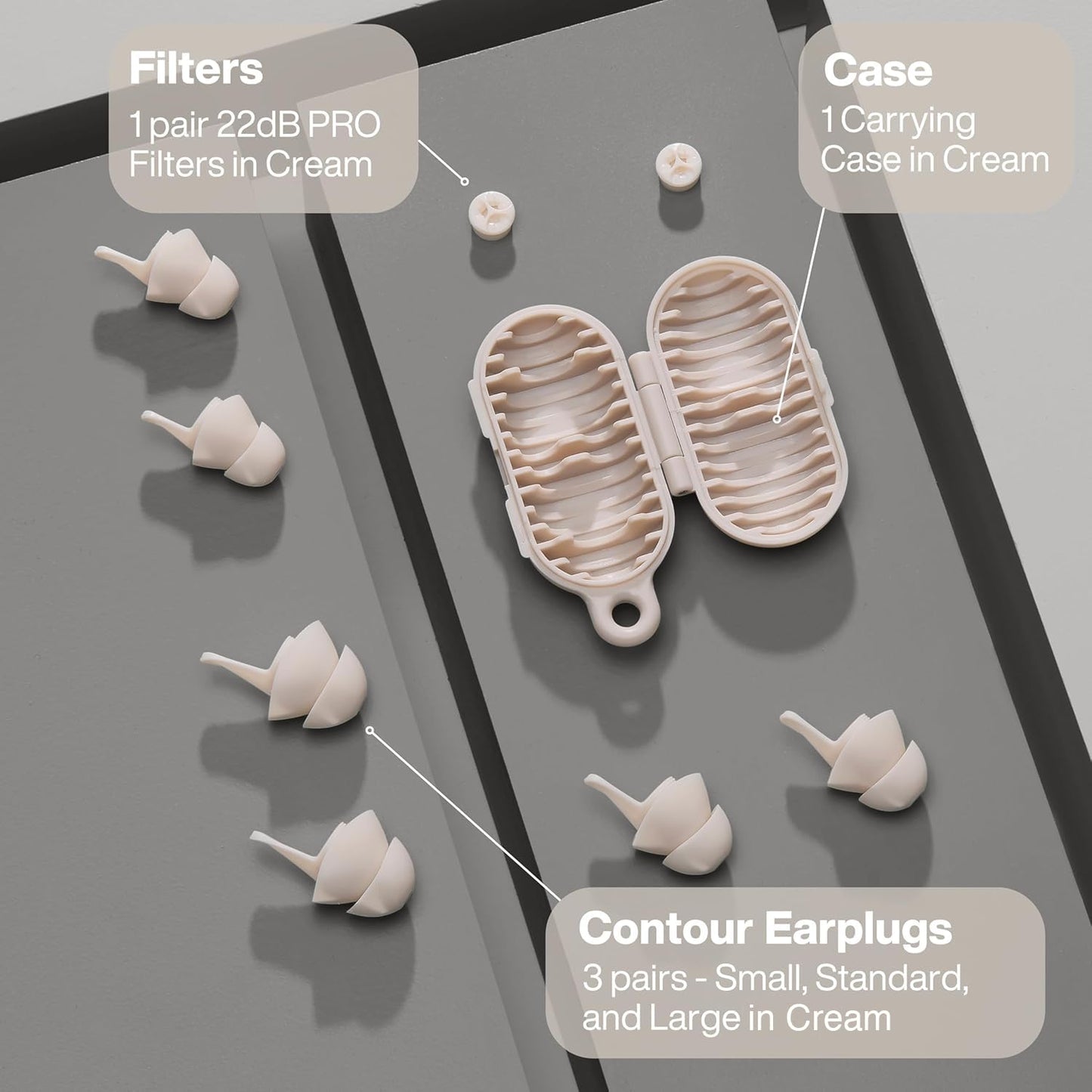 EARPEACE Everyday Noise Control & Noise Reduction Ear Plugs - High-Fidelity Earplugs, Comfortable & Reusable Earplugs for Travel, Sleep, Work, Snoring Blocking, Includes Carrying Case - Cream