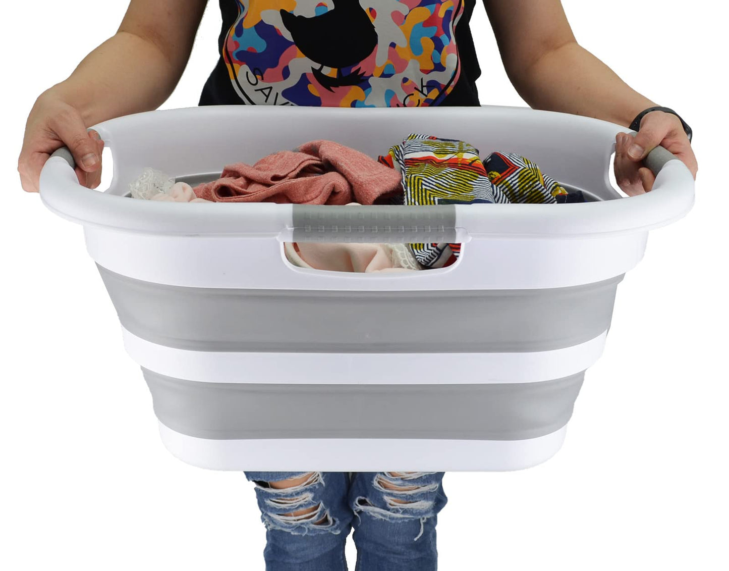 SAMMART 30L (7.9 gallon) Collapsible Plastic Laundry Basket - Foldable Pop Up Storage Container/Organizer - Portable Washing Tub - Space Saving Hamper/Basket (White/Grey (Set of 2))