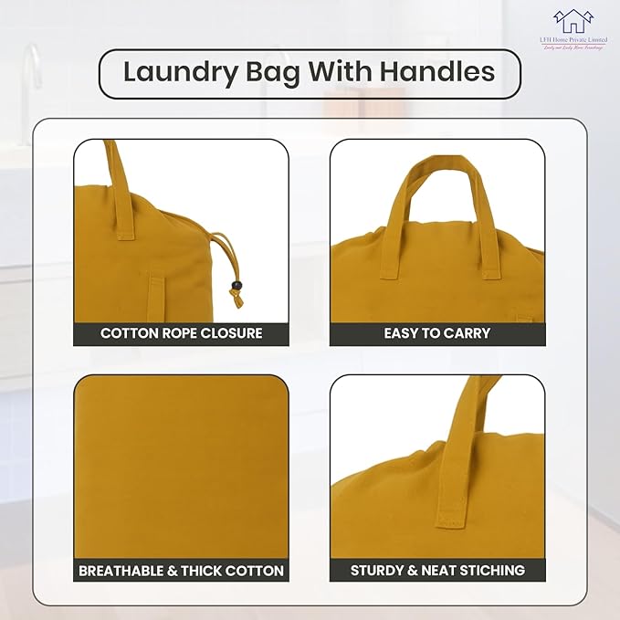 LFH Home Large Premium Cotton Canvas Laundry Bag with Drawstring and Handles Heavy Duty, Multi-Use, and Washable for Home, Travel, College or Storage 20x30 (Pack of 2)-Yellow