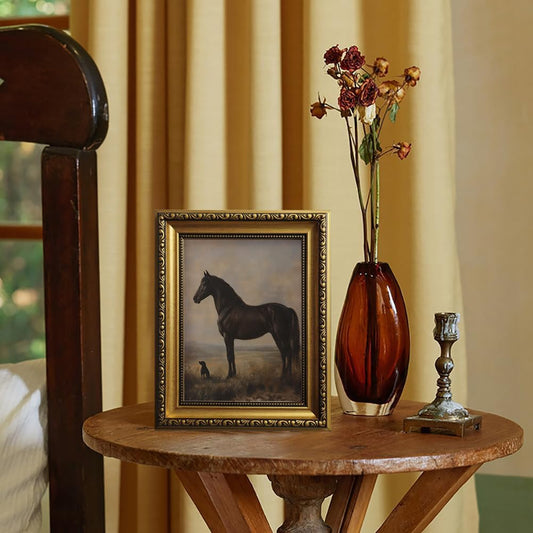 Vintage Equestrian Gold Framed Wall Art Black Horse Gundog Wall Decor Art