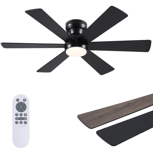 Asyko 46" Low Profile Ceiling Fan with Light and Remote Control,Black Modern Flush Mount Ceiling Fan with Lights for Bedroom, Reversible, Dimmable, Noiseless