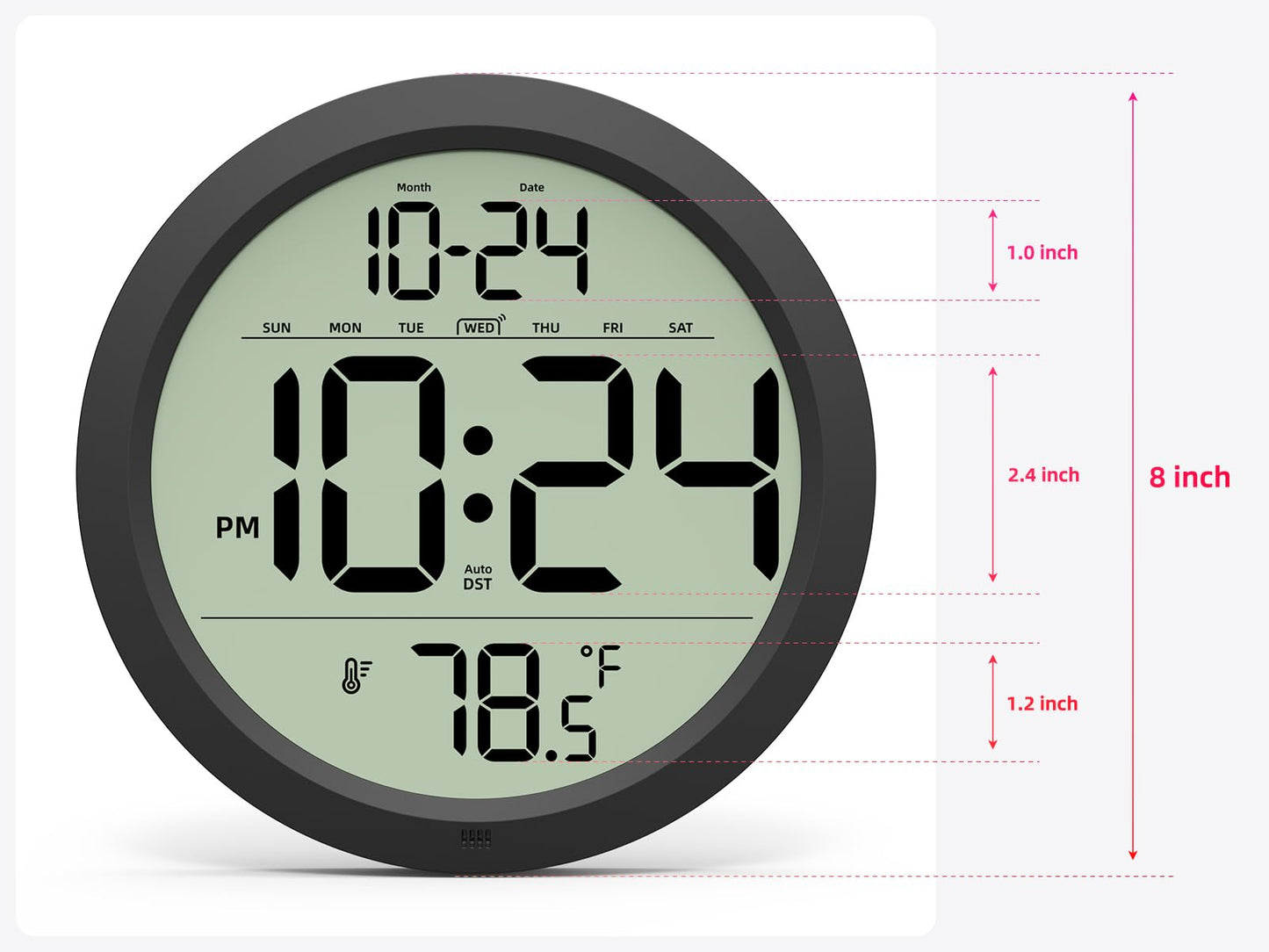 Digital Wall Clock Battery-Operated, 8 Inch Small Decorative Modern Wall Clock with Date, Temperature, Auto-DST, Silent Electric Wall Clock for Bedroom, Living Room, Kitchen, Office, Farmhouse -Black
