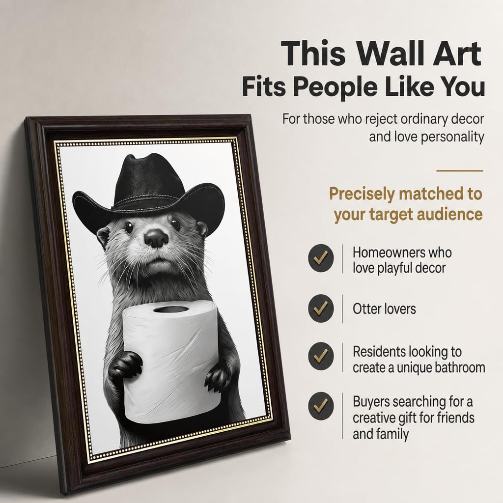 RVETNGVM Funny Otter Bathroom Wall Art - Cowboy Otter with Toilet Paper Print, Black and White Whimsical Animal Art for Guest Bathroom, Otter Lover Gift, Humorous Bathroom Decor 9x11 Inch