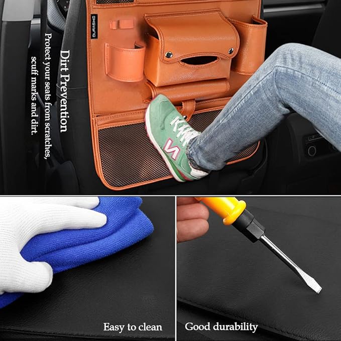 DURASIKO Car Backseat Organizer with Foldable Table Tray,Car Storage Organizer with Tablet Holder,Car Seat Back Protectors Kick Mats,Premium PU Leather Material,Compatible with Most Vehicles