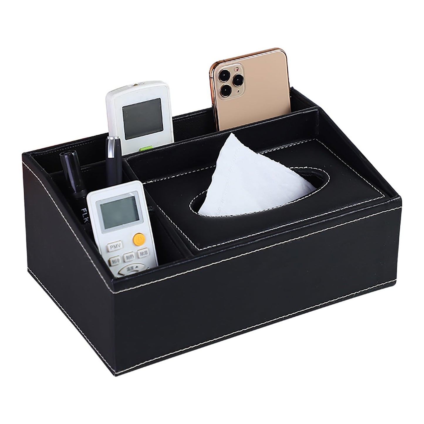 Tissue Box Cover- PU Leather Tissue Box Holder-Multifunctional Tissue Box Organizer Cover Hold with Storage Fashion for Vanity Toilet Countertop Office Bathroom Kleenex Box Cover-Black