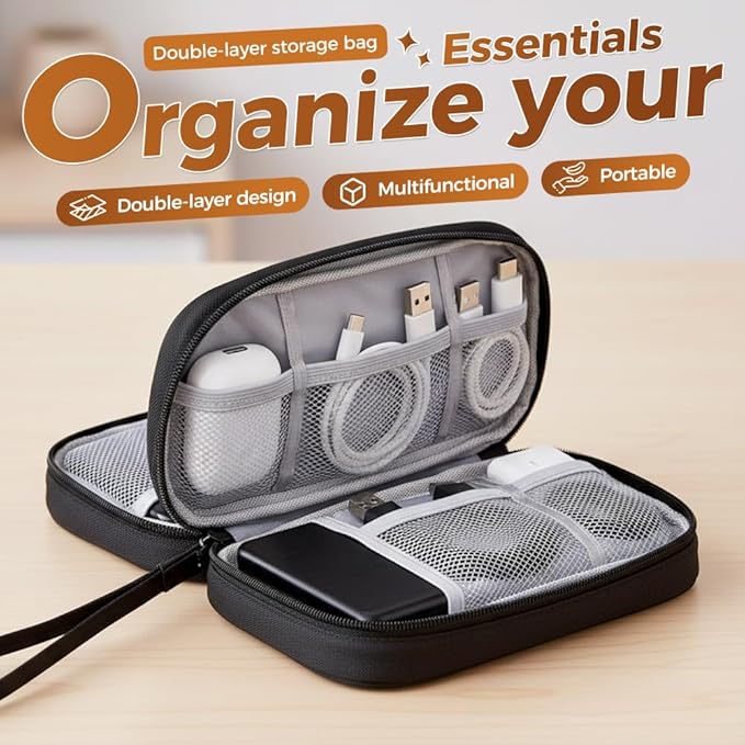 Qeuxv 2026 Travel Cable Organizer Pouch, Electronic Accessories Carry Case, Portable Waterproof Double Layers All-in-One Storage Bag for Cable, Charger, Mobile phone, Headphones (Pink)