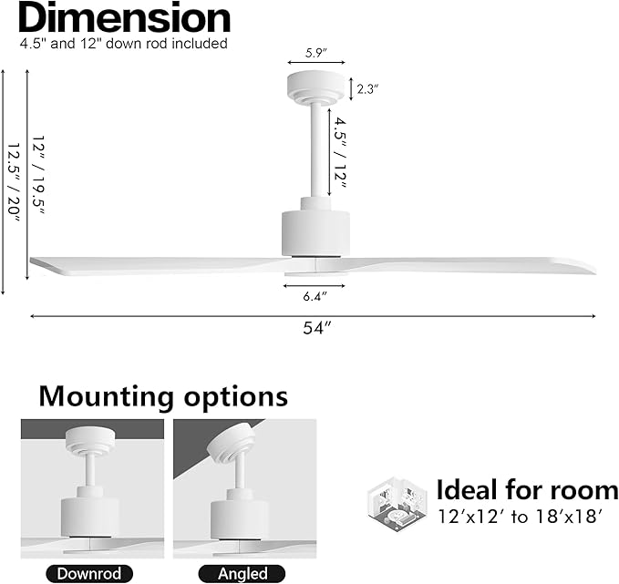 WINGBO 54" DC Ceiling Fan without Lights, 4 Carved Solid Wood Blades, 6-Speed Noiseless Reversible DC Motor, Modern Ceiling Fan No Light with Remote, Gloss White Finish with White Blades, ETL Listed