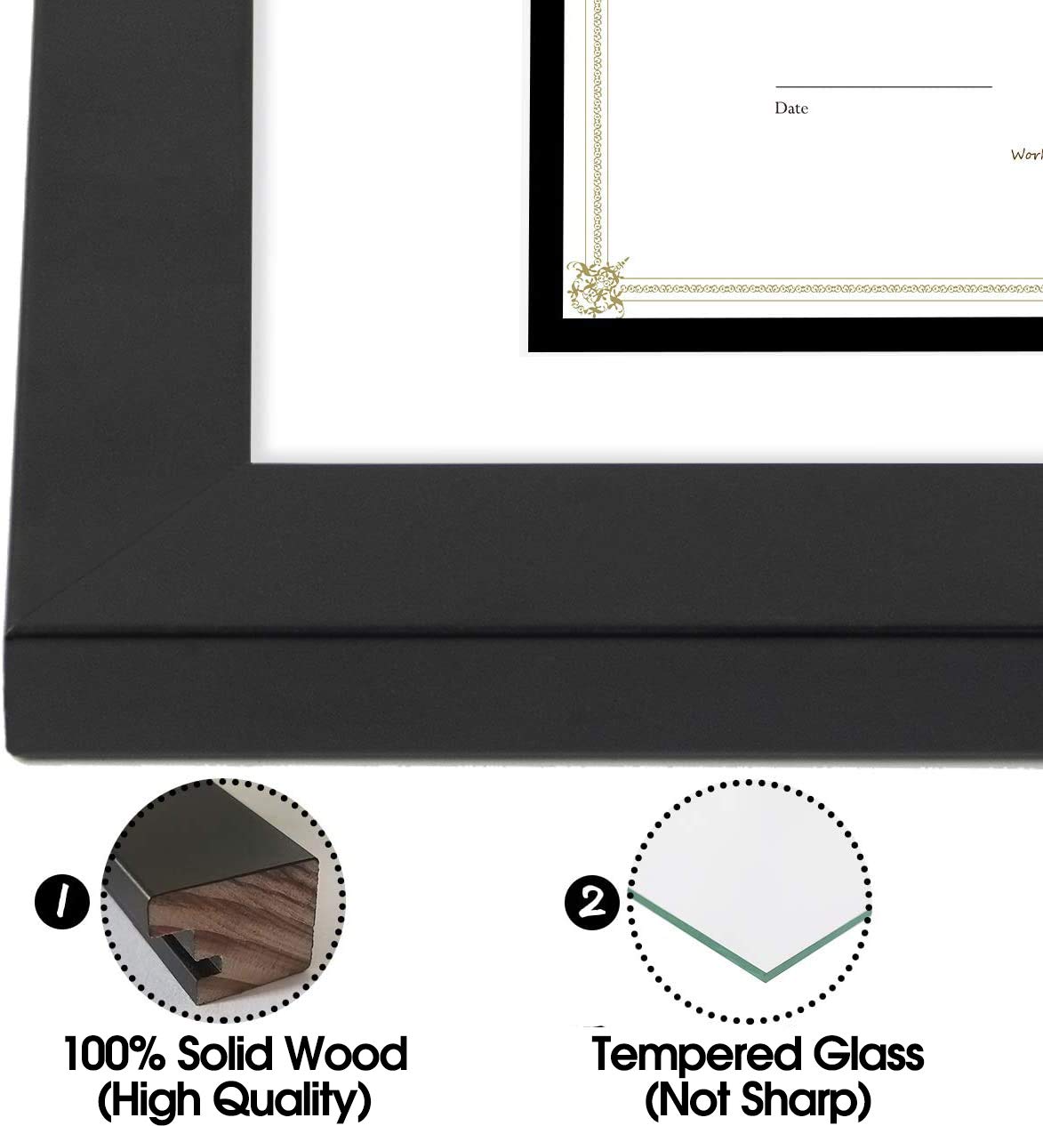 Golden State Art, 11x14 Diploma Frame for 8.5x11 Document & Certificates with Mat, Or 11x14 Without Mat, Real Glass, Double Mat (Black with White/Black, 1 Pack, Solid Wood)
