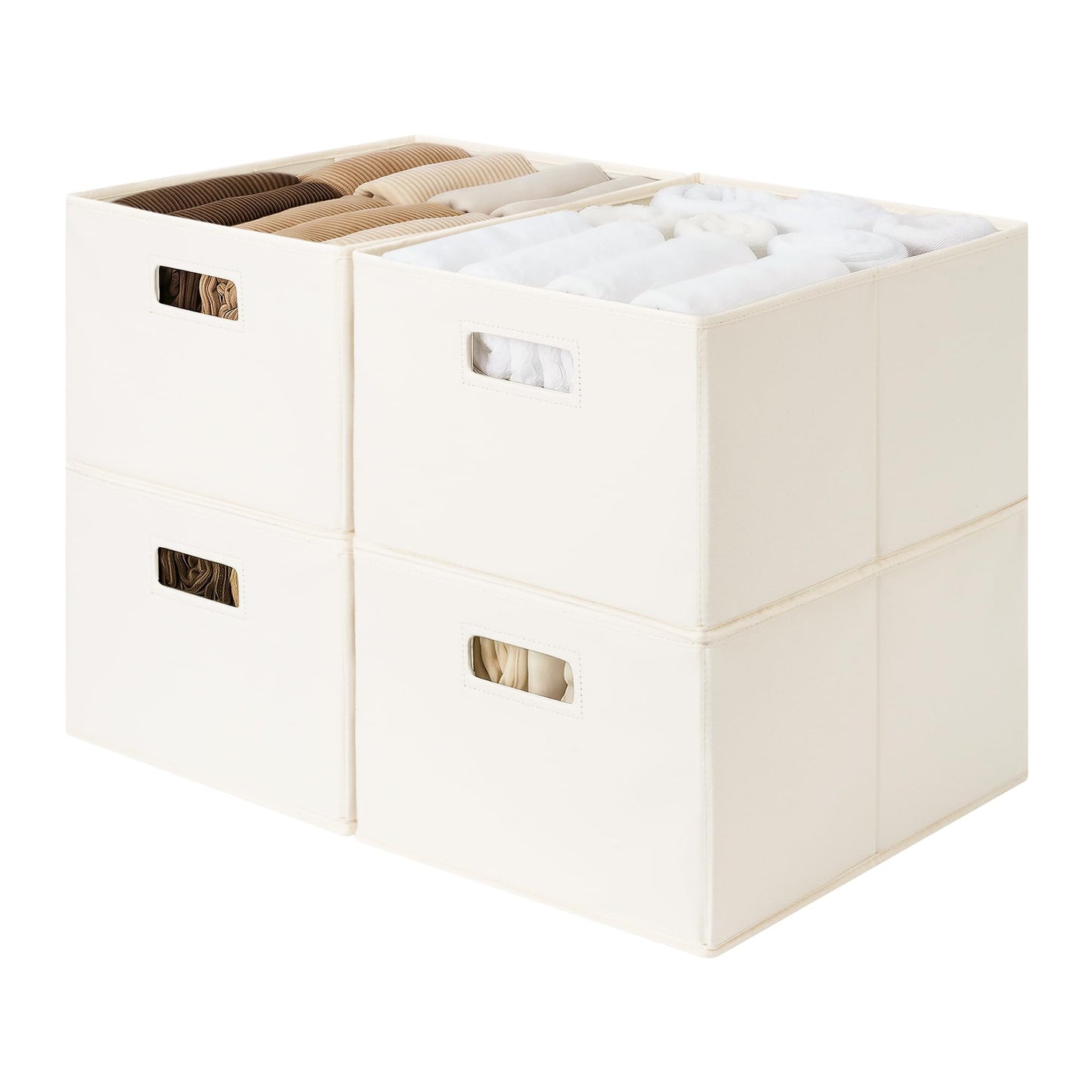 StorageWorks Fabric Storage Bins for Shelves, Closet Organizers and Storage Baskets, Closet Storage Bins with Cutout Handles, Large, 4-Pack, Ivory