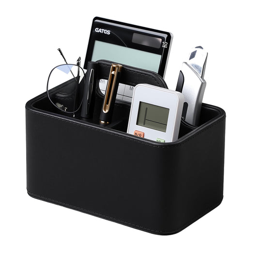 NICLNGSH Caddy Organizer with Handle, PU Leather Remote Control Holder Desk Caddy, Portable Makeup Remote Organizer for Table, Nightstand, Office (Black)
