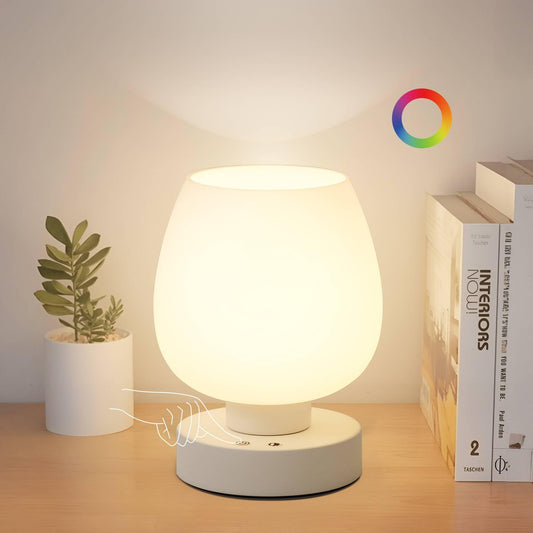 KARTOOSH Cordless Touch Bedside Table Lamp, Rechargeable Battery Operated Desk Lamps with 8 RGB Colors, Dimmable Small Glass Nightstand Light for Living Room Bedroom Kitchen Counter