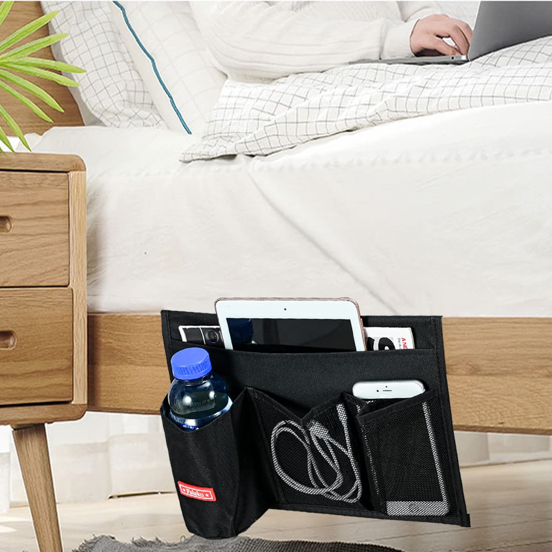 Falaku Bedside Caddy, 4 Pockets Bedside Organizer Caddy Under Mattress,Holds Water Bottles,Magazines,Books (Classic 4 Pockets-Black)