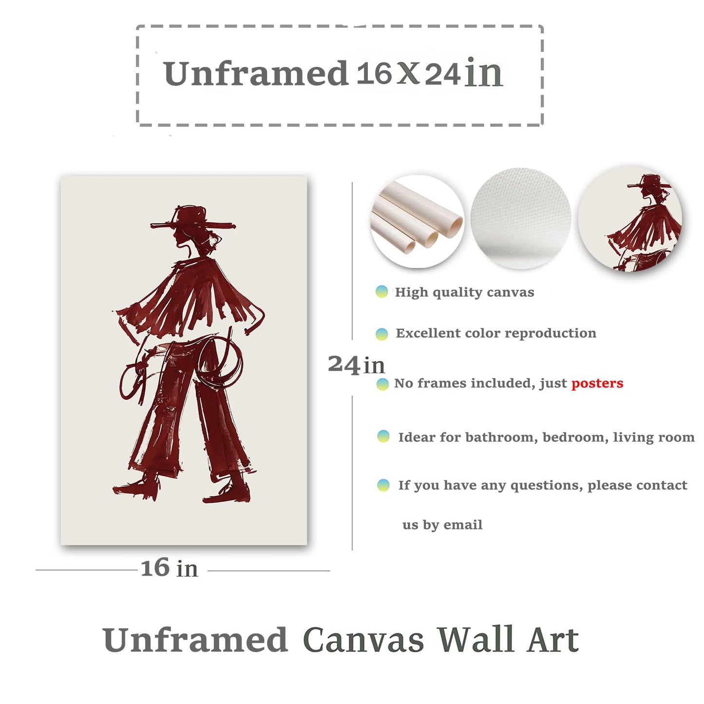 Modern Cowgirl Wall Art Trendy Eclectic Red Wine Cowgirl Poster Neutral Western Cowboys Wall Decor Cowboy Inspired Canvas Art Prints for Home Living Room Bedroom Dorm Office Decoration, Unframed
