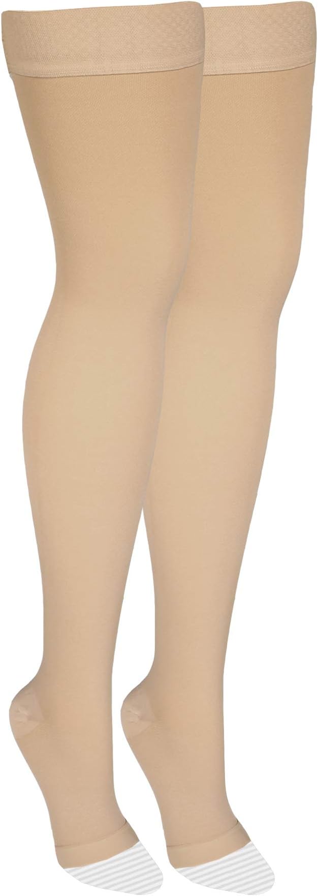 Amazon Basic Care Medical Compression Stockings, 20-30 mmHg Support, Women & Men Thigh Length Hose, Open Toe, Beige, Large (Previously NuVein)