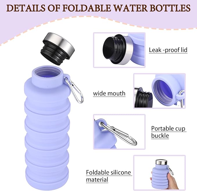 Baderke 2 Pcs Collapsible Water Bottles 17oz Silicone Travel Foldable Portable Water Bottle with Buckle Silicone Lightweight Reusable Leakproof for Camping Hiking Cycling Sport(Purple, Orange)