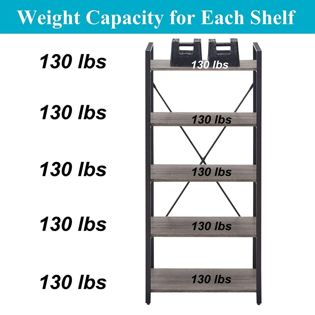 Industrial Bookshelf, Etagere Bookcases and Book Shelf 5 Tier Shelves, Grey Wood and Metal Shelving Unit (Dark Gray Oak)