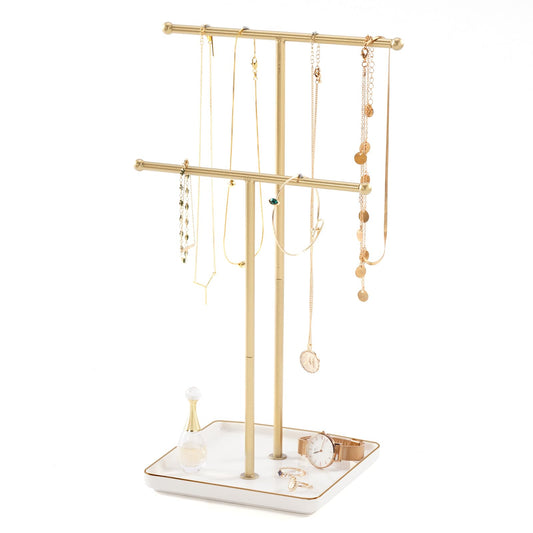 Lolalet Necklace Holder, Jewelry Display Stand with Ceramic Base Tray Jewelry Organizer Tree for Necklaces Bracelets Earrings Rings -White, 2 Tiers