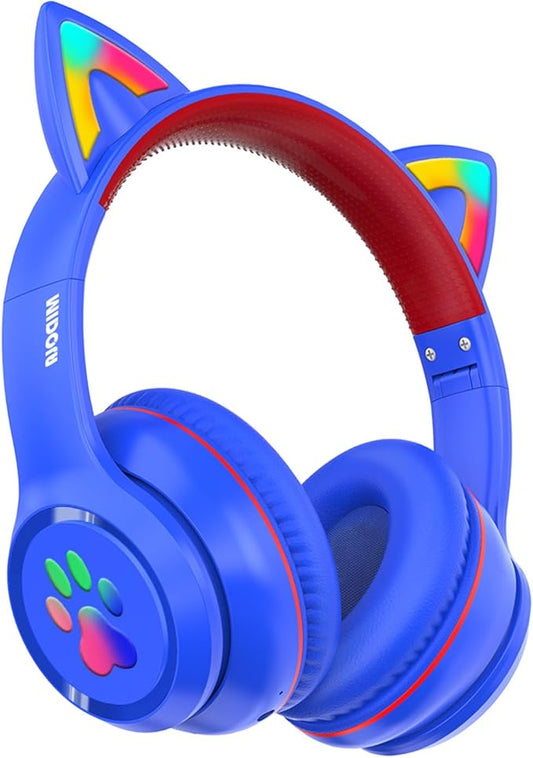 MIDOLA Kids Headphones Cat Ear Wireless Bluetooth 5.3 60H Over Ear, 8H with Led Light Foldable Headset with Aux 3.5mm Mic for Travel Pad Tablet Blue