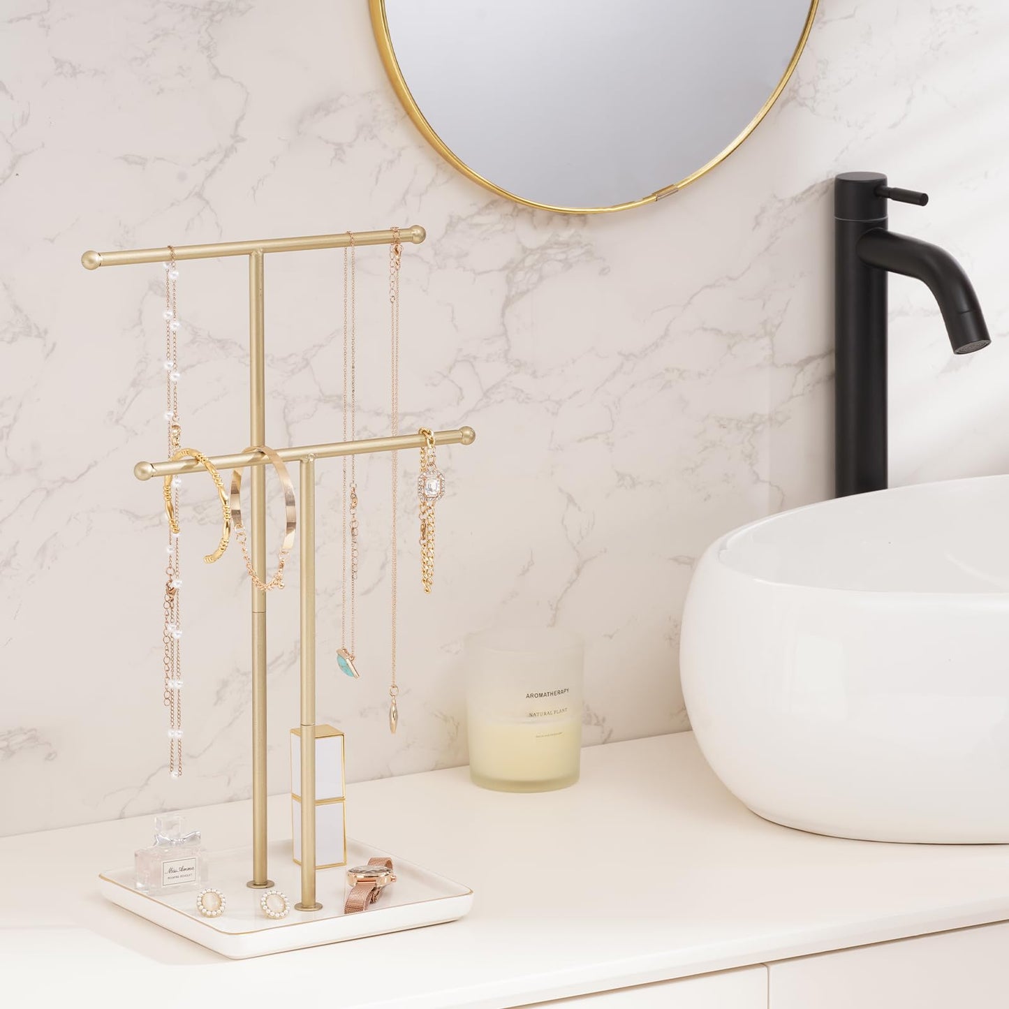 Lolalet Necklace Holder, Jewelry Display Stand with Ceramic Base Tray Jewelry Organizer Tree for Necklaces Bracelets Earrings Rings -White, 2 Tiers