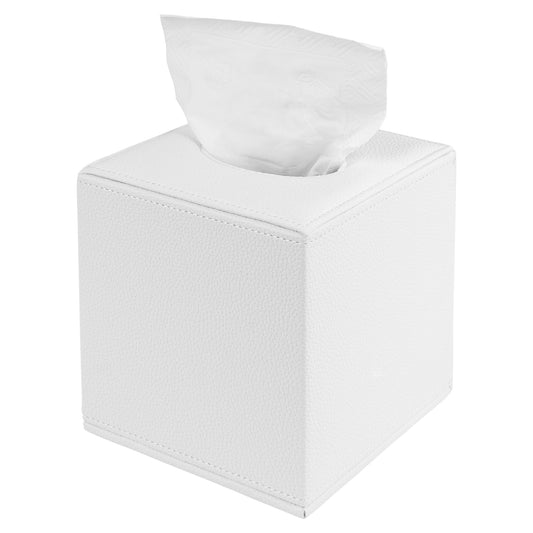 DODAMOUR Square Tissue Box Cover, White PU Leather Cube Holder with Magnetic Bottom, Sturdy MDF Structure Facial Tissue Dispenser for Bathroom Vanity Nightstand (White)