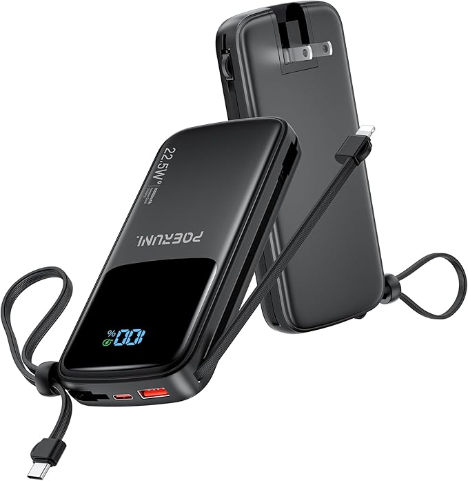 10000mAh Power Bank with a Built-in AC Wall Plug Led Display and Two Built-in Cables.USB-C Fast Charging Compatible with iPhone,Samsung,and Android Smartphones, Portable Charger with Travel.
