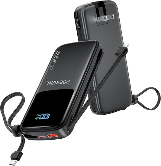 10000mAh Power Bank with a Built-in AC Wall Plug Led Display and Two Built-in Cables.USB-C Fast Charging Compatible with iPhone,Samsung,and Android Smartphones, Portable Charger with Travel.