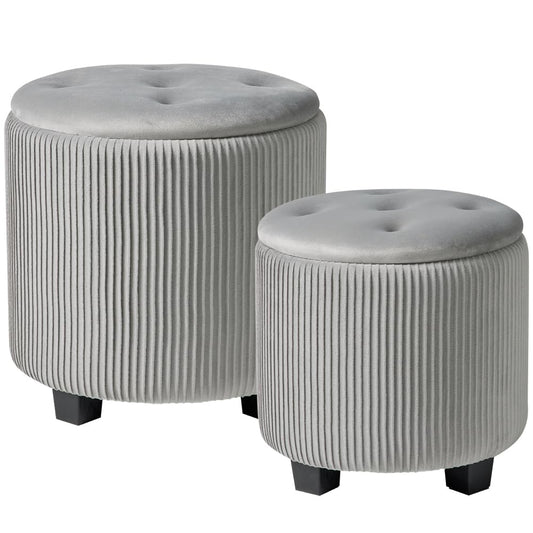 BLEXA Big Round Ottoman with Storage Set of 2,Upholstered Velvet Vanity Stool for Makeup Multifunctional Foot Rest Coffee Table Padded Seat Tufted Ottomans for LivingRoom&Bedroom (Large Grey)
