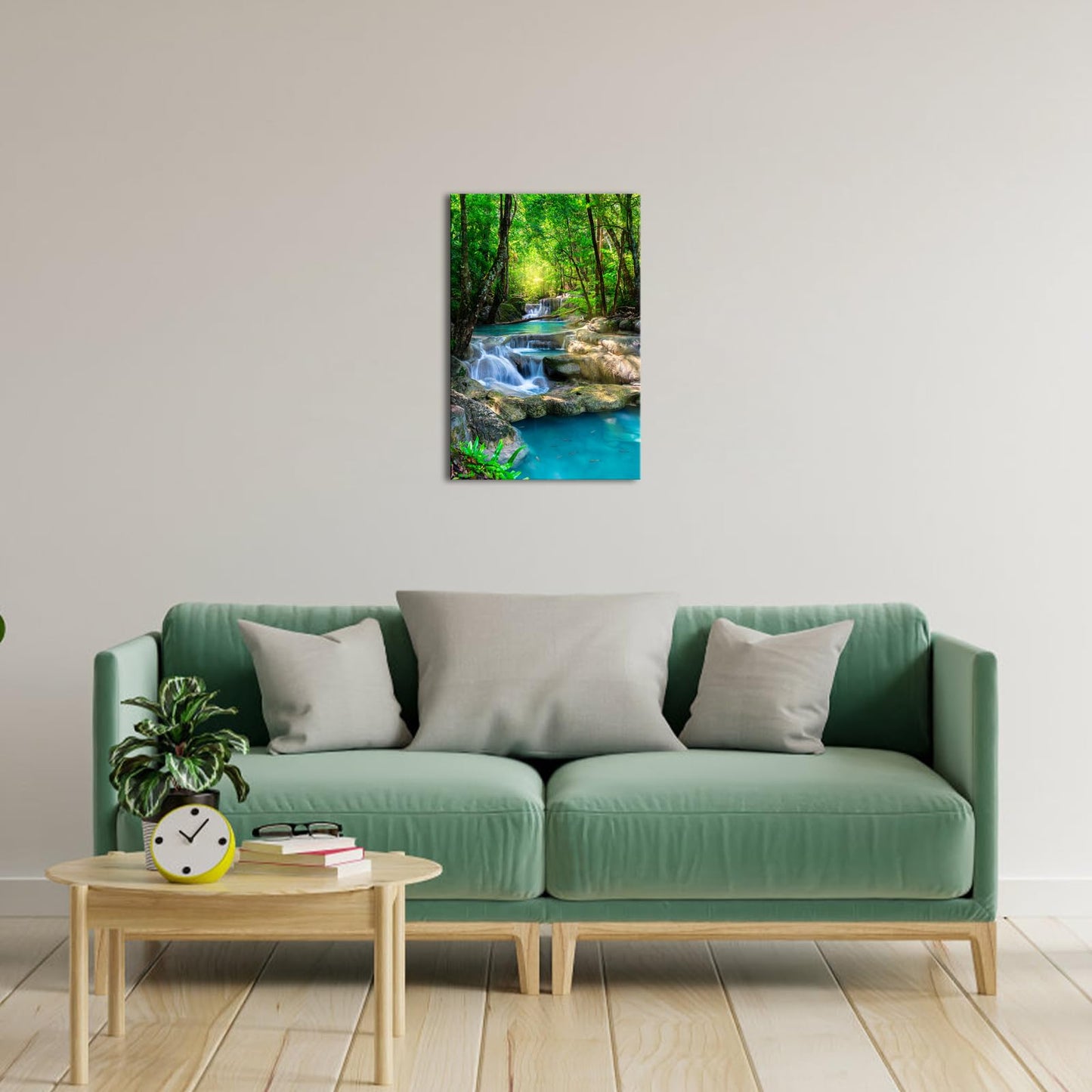 iKNOW FOTO 16x24 Single Piece Canvas Wall Art Nature Landscape Pictures Green Forest Waterfall Poster Canvas Prints Framed Artwork Spa Bathroom Bathroom Room Decor