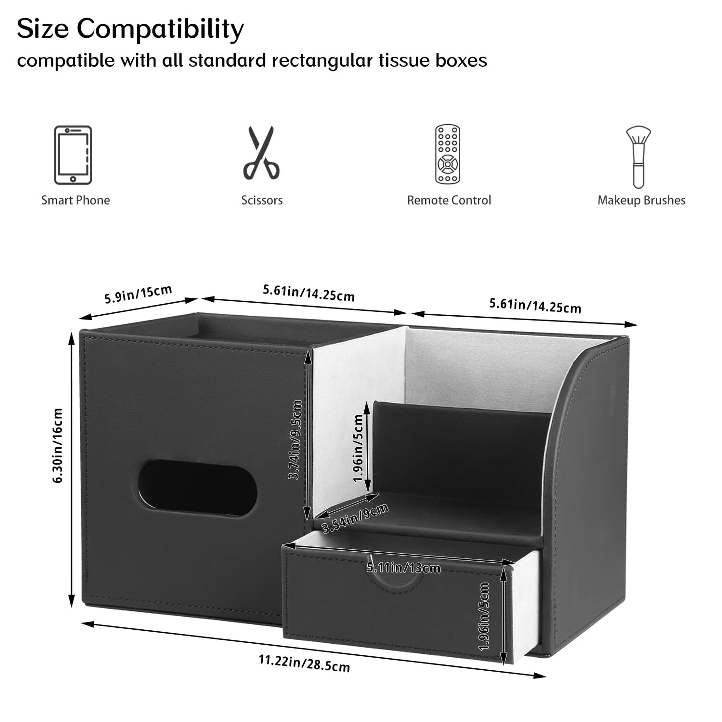 PU Leather Square Tissue Box Cover with Tray and Organizer, Multi-Function Remote Control Tissue Holder for Vanity, Nightstand, Bathroom, Home and Office
