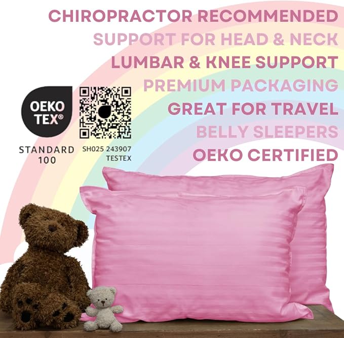 kinder Fluff Children Pillows for Bed (2X) 14x20in- The Only Kids Pillow 300T Cotton Shell & Down Alternative Fill - Travel Pillow for Children Bedding Set Sleeping Pillow Floor Bed Pillows- Pink- M