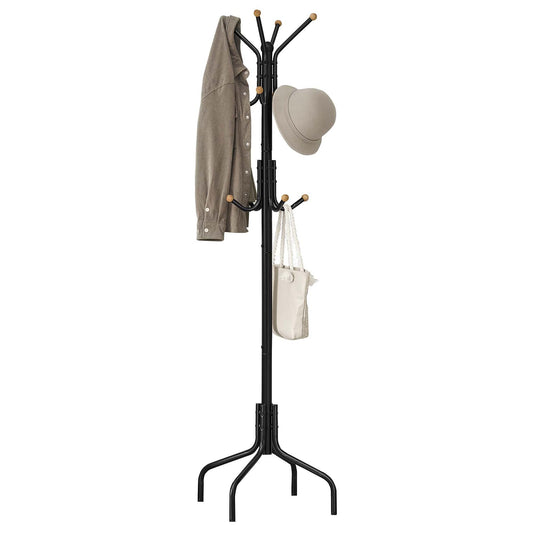 SONGMICS Coat Rack Freestanding, Metal Coat Rack Stand with 12 Hooks and 4 Legs, Holds Clothes, Hats, and Bags, for Entryway, Living Room, Bedroom, Black URCR031B01