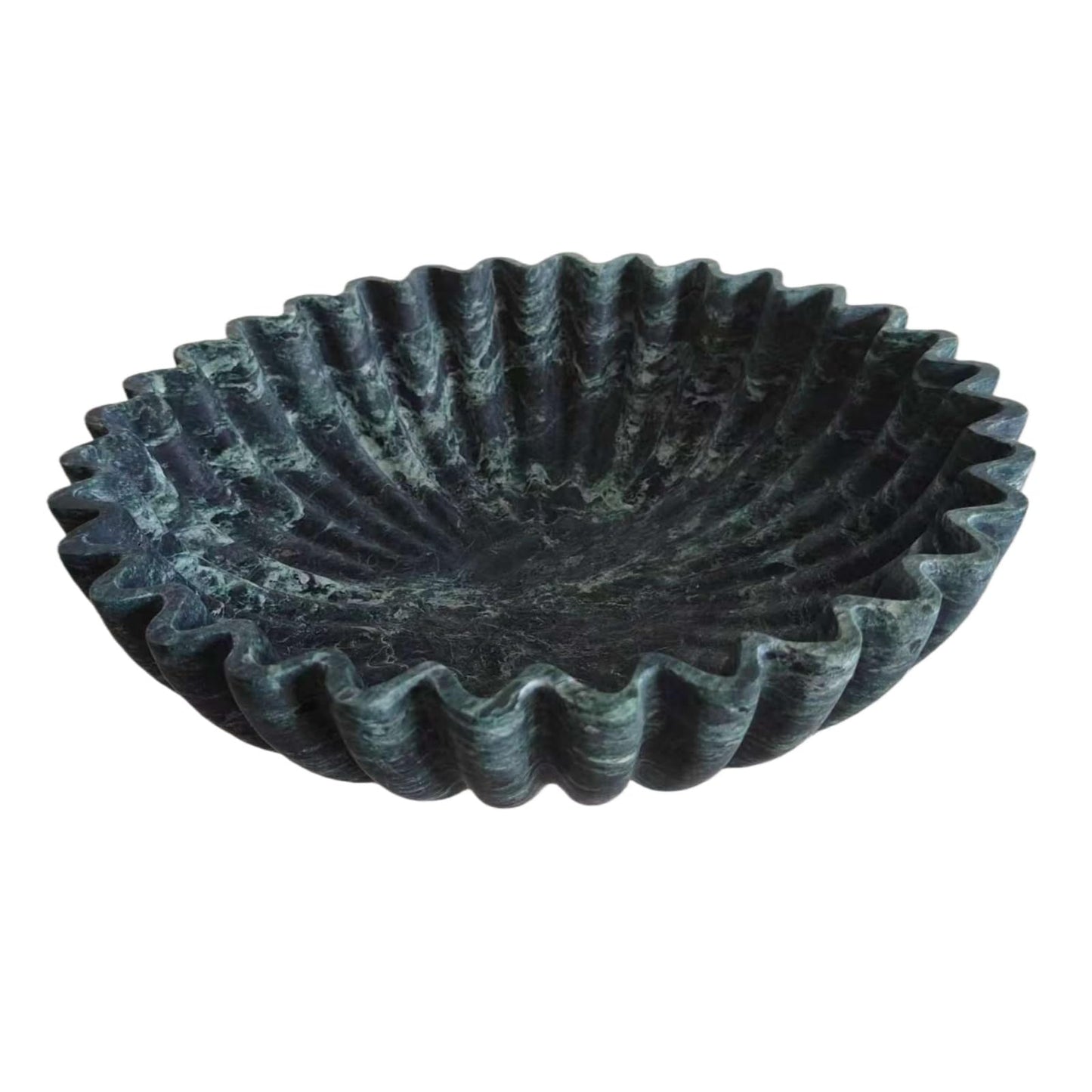 SourcTrek Ruffle Scallop Decorative Bowl,10-inch Large Natural Stone Beige Travertine Bowl,Modern Handicraft Fruit Bowl and Key Bowl for Kitchen Counter Entryway (Dark White Green)